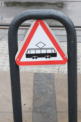 Wet streetcar warning road sign