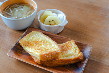 French toast breakfast with soup and fruit
