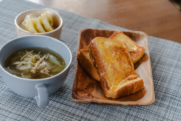 French toast breakfast with soup and fruit
