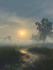 Fototapeta premium Foggy landscape with a hazy sun peeking through the misty veil, hazy, few clouds, sun