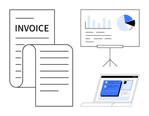 Invoice with detailed lines, graph on a board, and laptop displaying data insights. Ideal for finance, business analysis, invoicing, reporting, data management accounting digital tools. Clean flat