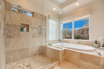 This is a bathroom that features both a luxurious tub and a walkin shower