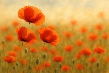 Fototapeta premium Field of red poppies with gentle breeze symbol of remembrance on soft light