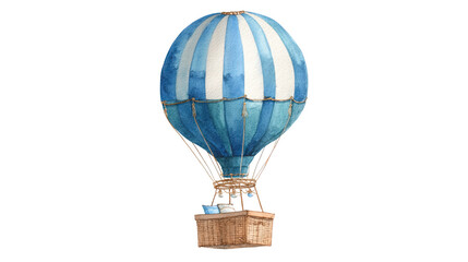 Obraz premium Watercolor blue hot air balloon with basket travel illustration transparent background