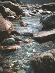 Fototapeta premium Closeup of water flow over smooth rocks in a tranquil river stream