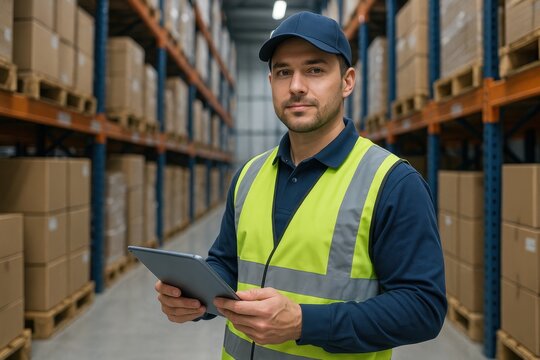 Warehouse technician with tablet reviewing inventory in aisles with boxes and pallets