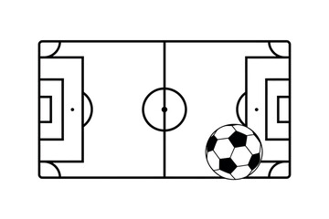 A soccer ball rests on a simplified drawing of a soccer field, viewed from above.