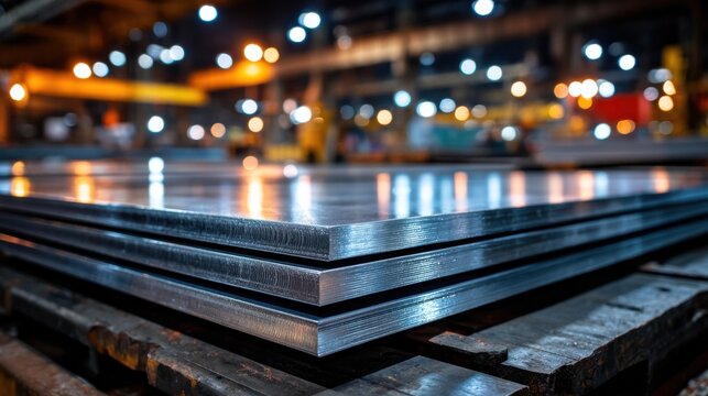 Stacked aluminum sheets in a warehouse shimmer under soft light, highlighting industrial scale and precision. Suitable for construction and manufacturing themes.