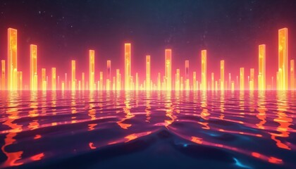 Abstract art reflects light structures. Neon city reflects in water. Digital artwork has vibrant colors with glow. Futuristic design evokes energy. Ideal background for many projects.