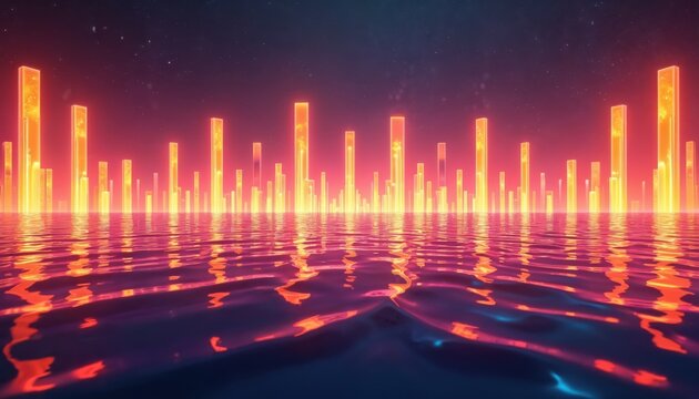 Abstract art reflects light structures. Neon city reflects in water. Digital artwork has vibrant colors with glow. Futuristic design evokes energy. Ideal background for many projects. - Powered by Adobe