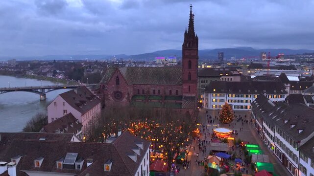 Basel Christmas Market Aerial Shot. Illuminated Basler Weihnachtsmarkt in the evening Twilights at Winter in Switzerland
