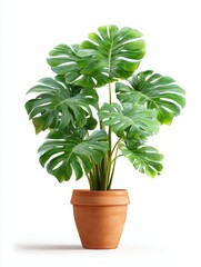 A lush monstera deliciosa plant with large, split leaves in a terracotta pot, isolated on white background
