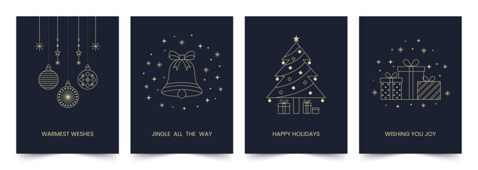 Set of elegant minimalist Christmas greeting cards featuring gold line art icons of ornaments, bell, Christmas tree, and gift boxes on a dark navy background. Vector illustration. © Irinakurta