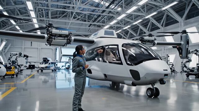 engineer inspecting evtol aircraft on production floor, tablet displaying diagnostics map, hangar with robotic arms, flight surfaces and battery packs visible, safety glasses and uniform