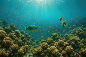 Obraz premium Vibrant tropical coral reef panorama with colorful fish and sunbeams in clear water