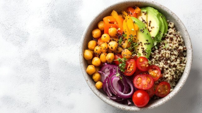 Healthy quinoa bowl with chickpeas avocado and fresh vegetables