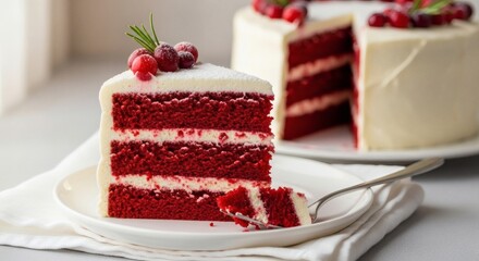 Red Velvet Cake Slice on White Plate Showing Three Layers with Cream Cheese Frosting, Fresh Cranberries, Rosemary Garnish, Powdered Sugar, Fork, Elegant Dessert Photography, Natural Afternoon Light