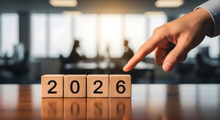 Hand pushing wooden blocks changing to 2026 in office background, concept of new year planning and business goals