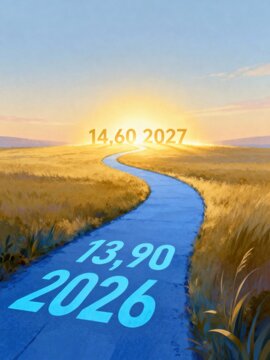 Future Minimum Wage Targets Depicted on a Winding Road, with 13.90 for 2026 and 14.60 for 2027 as Shining Goals.
