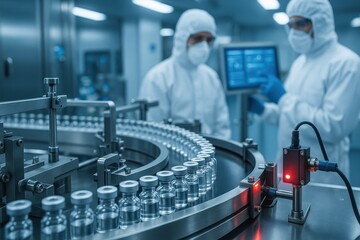 Sterile pharma cleanroom line with masked technicians inspecting vials under cold light