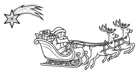 Santa Claus flying in sleigh with reindeer Christmas vector line art