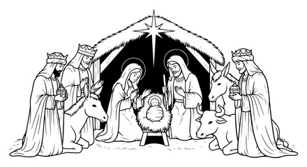 Christmas Nativity Scene with the Adoration of the Three Wise Men. Holy Family with baby Jesus in a manger and the Magi. Christian religious vector illustration.