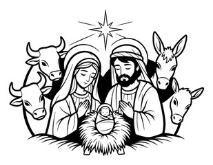 Nativity Scene close up portrait of the Holy Family. Baby Jesus in a manger with Mary Joseph and animals. Christian Christmas vector line art illustration.