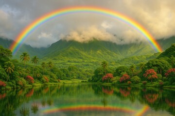Naklejka premium Vivid rainbow arcing above lush tropical valley and lake under misty Hawaiian light