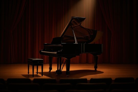 Concert grand piano on polished stage with soft spotlight and elegant velvet curtain