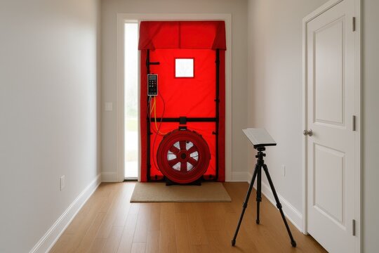 Energy efficiency air leakage test with red blower door in modern home hallway