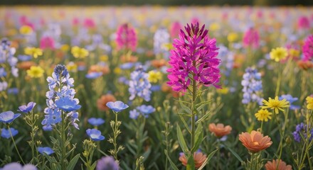 Naklejka premium Vibrant wildflower field in full bloom under clear sky