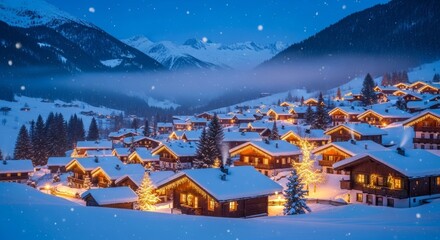 Snowy alpine village at night with illuminated chalets and snowfall in winter landscape