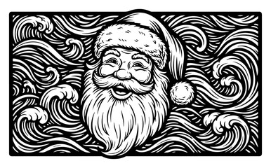 Happy Santa Claus portrait in a detailed vintage woodcut style. Christmas character with abstract swirl pattern background. Vector illustration.