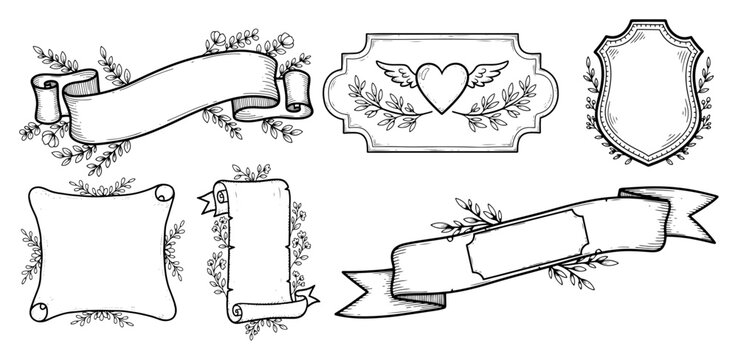 Set of hand drawn vintage banners ribbons and frames. Doodle collection of decorative floral elements with scrolls shields and heart. Vector line art.