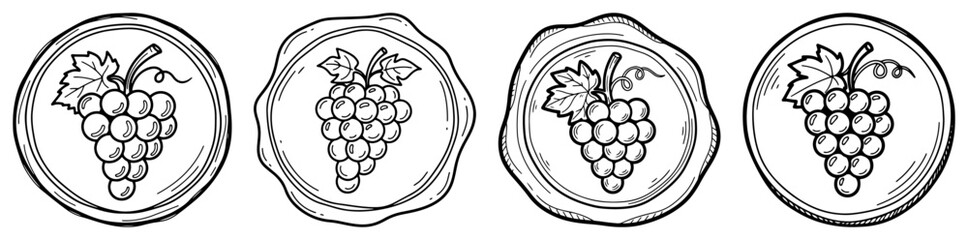 Set of hand drawn wax seals with grapes. Vintage wine label or logo elements. Vector sketch illustration. © Tomas