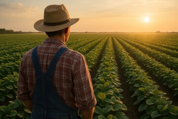 Back view of farmer surveying lush soybean rows at golden hour rural horizon