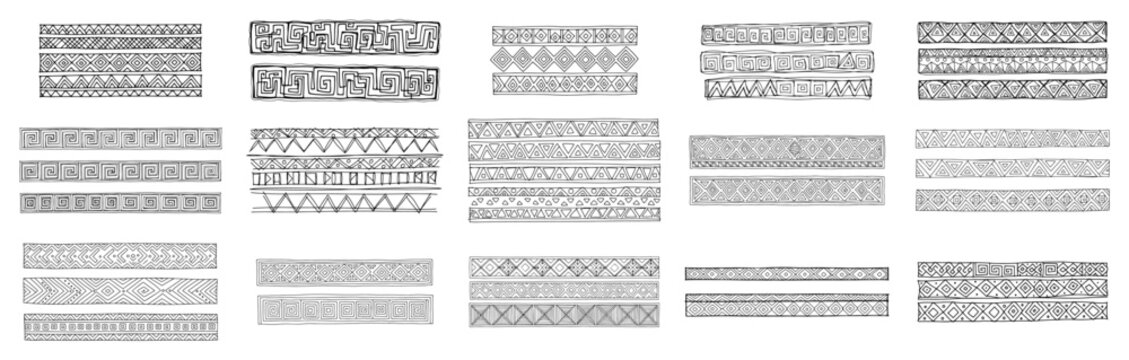 Set of hand drawn ethnic African patterns. Collection of tribal borders and seamless ornaments. Vector doodle illustration.