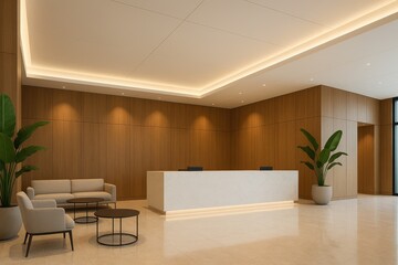 Fototapeta premium Bright luxury lobby interior with white stone and warm wood reception modern seating