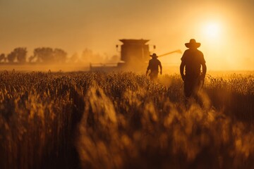 Farmers And Combine Harvester Working