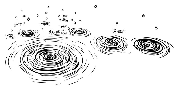 Rain Drops on Water with Ripples Hand Drawn Sketch Vector Illustration