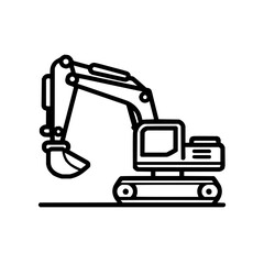 Naklejka premium Illustration of a construction excavator with a bucket and treads in black outline on a white background