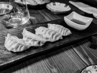 Typical food in a Japanese restaurant, an expression of the culinary art developed in Japan.