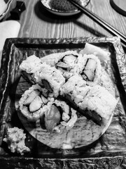 Typical food in a Japanese restaurant, an expression of the culinary art developed in Japan.