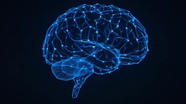 Low poly brain or artificial intelligence concept. Wisdom point symbol. Blue low poly wireframe illustration on dark background. 4k videos