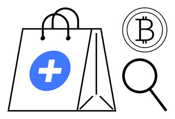 Shopping bag with healthcare symbol, Bitcoin coin, and magnifying glass. Ideal for e-commerce, cryptocurrency, medical supplies, digital payment, healthcare, online search simple flat metaphor