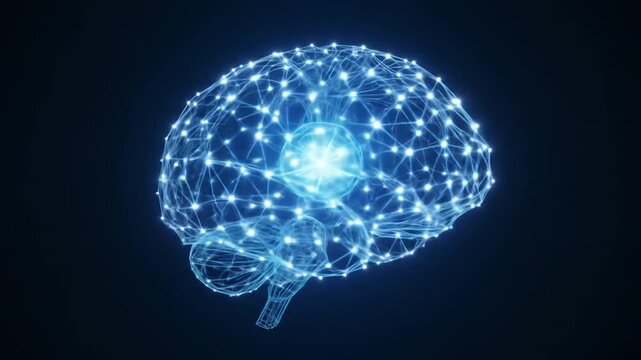 Low poly brain or artificial intelligence concept. Wisdom point symbol. Blue low poly wireframe illustration on dark background. 4k videos