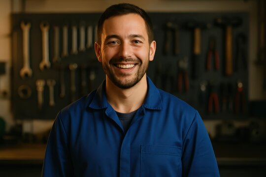 Confident factory technician smiling in blue coveralls under warm workshop light