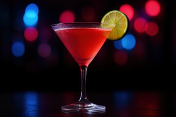 Cosmopolitan cocktail glowing on dark bar counter with moody late night ambience