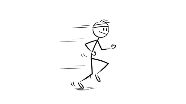 A black and white stick figure runner with motion lines, wearing a headband