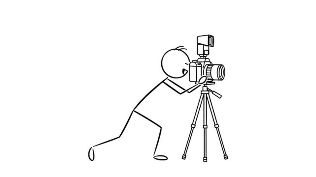 Stick figure uses professional camera on tripod